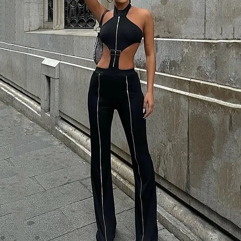 Wefads Jumpsuit Women Fashion Sexy Solid Sleeveless Halter Neck Backless Lace Up Nipped Waist Hollow Out Romper Streetwear 250407