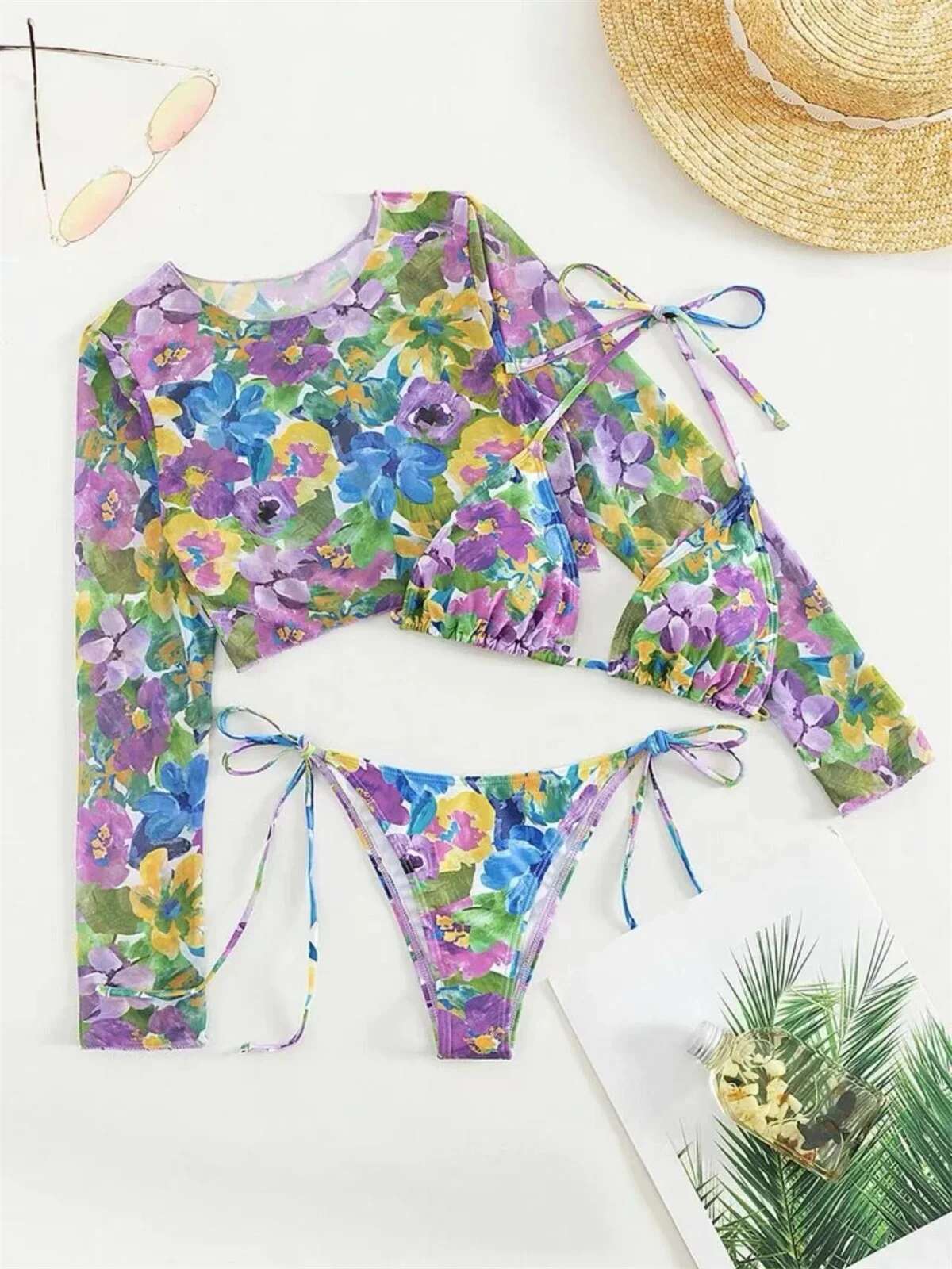 Dongdumaoyi Sexy Mesh Cover Up Bikini Set Women Long Sleeve Tie Dye Floral Print Thong Piece Swimsuit Beach Bathing Suit Swimwear