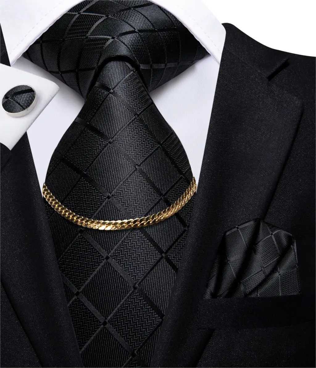 Hi-Tie Business Black Luxury Plaid Mens Tie Silk Neckties Fashion Tie Chain Hanky Cufflinks Set Design Gift For Men Wedding X250407