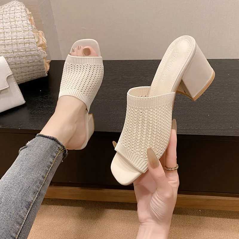 2024 New Hot Summer Womens Slippers Knitted Block Heel Sexy Square Foot Dress Party Shoes High Heels Casual Solid Color SandalsXJ250407