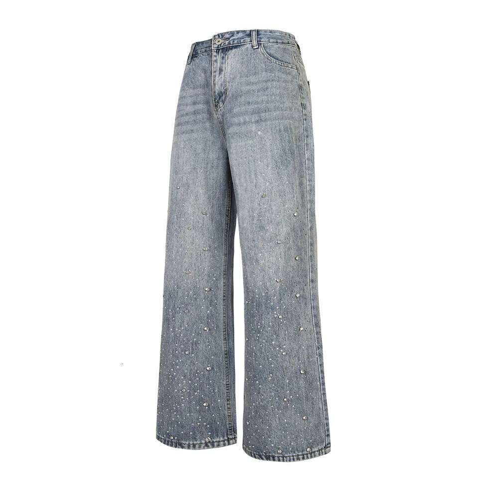 Rhie Washed Distressed Jeans Mens High Street Loose Straight Wide Leg Pocket Denim Pants Men Trousers