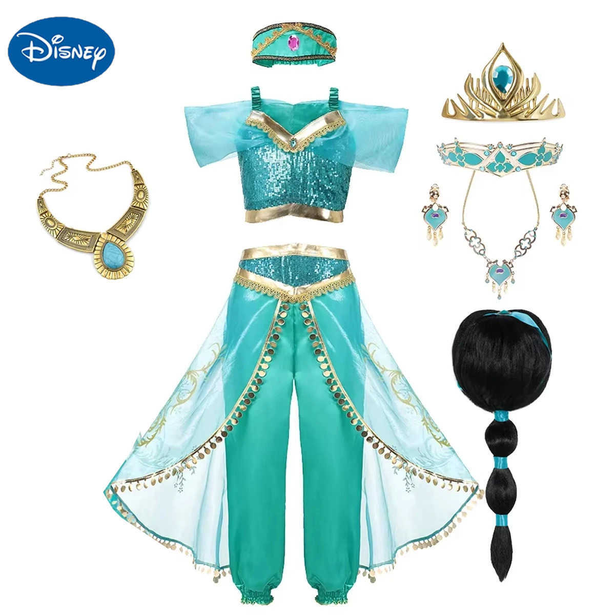 Disney Classic Princess Jasmine Costume for Girls Halloween Carnival Aladdin Cosplay Jasmine Party Clothing Kid Purim Dress Up X250408