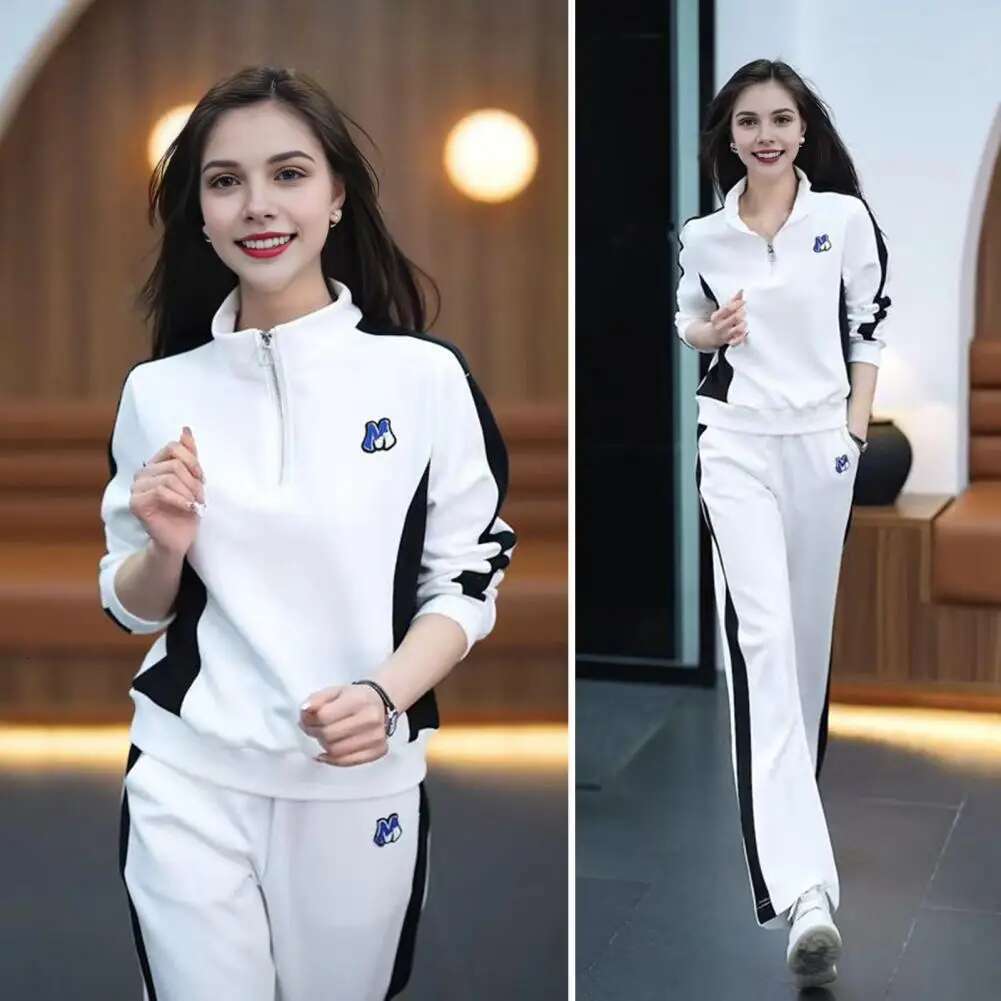 Women Sports Suit Stylish Women's Sportswear Set Color Matching Zippered Stand Collar Sweatshirt Wide Leg Trousers for Fall