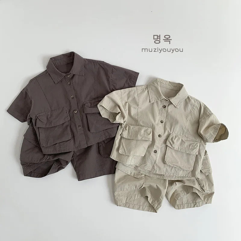 Summer childrens casual pants retro mens cargo pants large pocket childrens shorts girls loose pants baby solid color clothes 250408