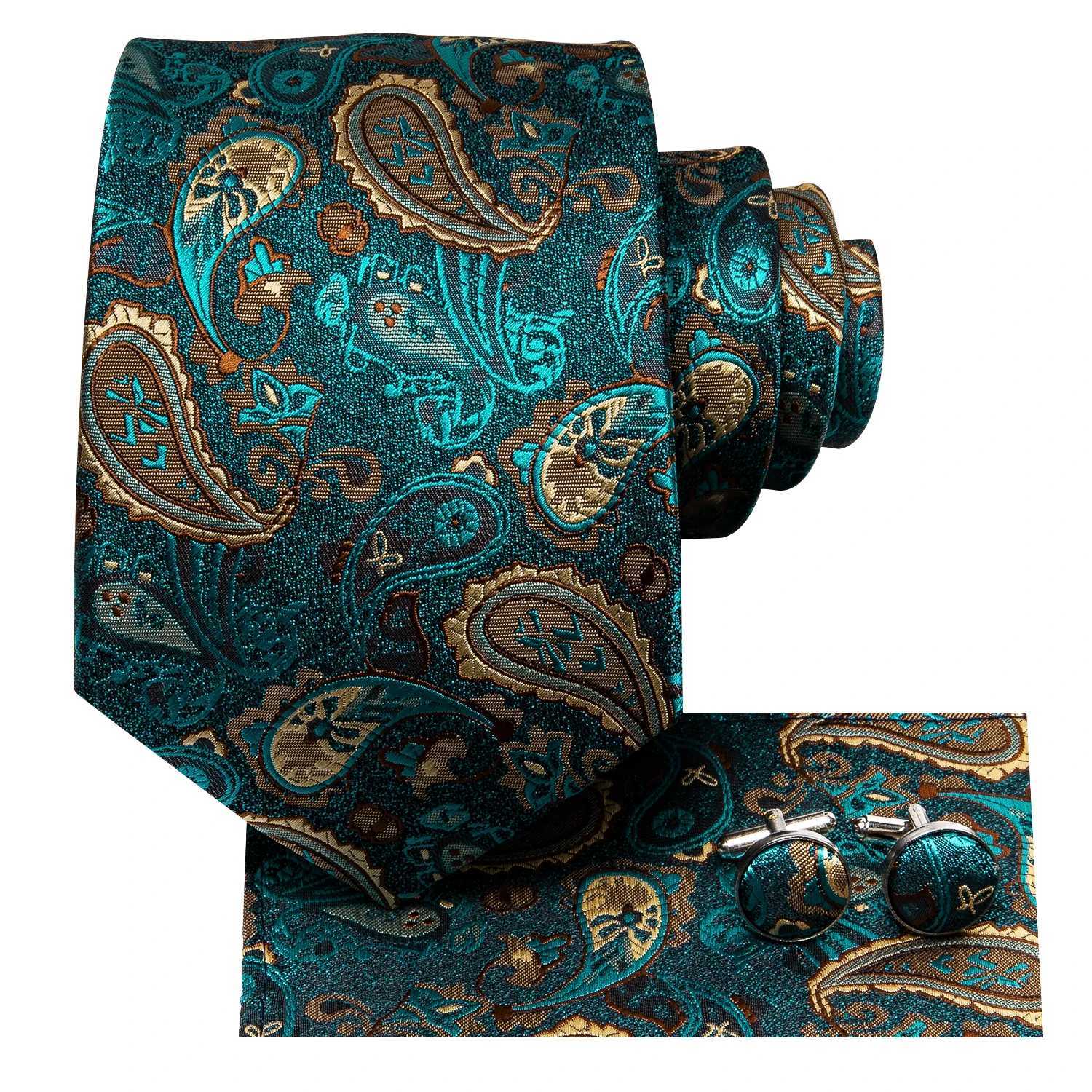 Hi-Tie Luxury Gift Box Classic Paisley Teal Green NeckTie Gentle Mens Tie Handky Cufflinks Set Tie For Men Wedding High Quality X250407