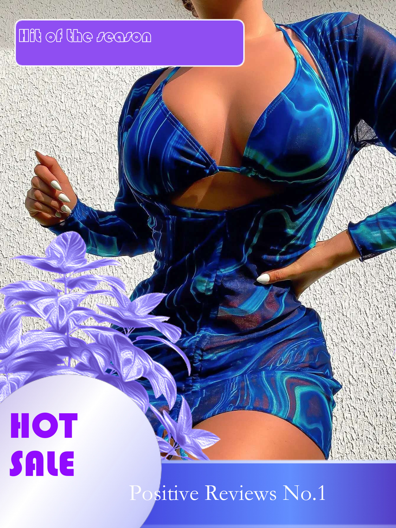 Dongdumaoyi Sexy Blue Tie Dye Gradient Piece Bikini Set Women Long Sleeve Pleate Dress Swimsuit Beach Bathing Suit Cover Up Swimwear