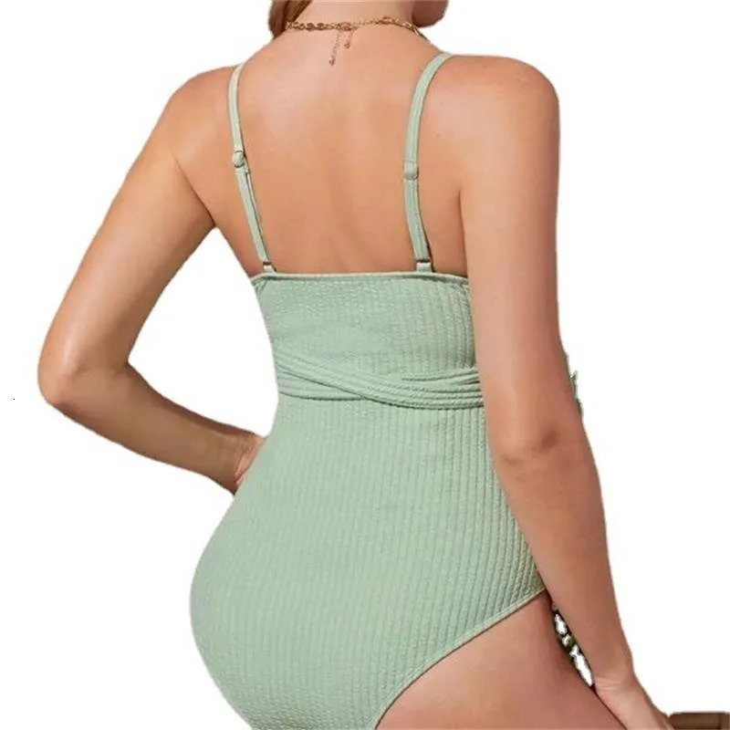 Maternity Bikini Wear For Pregnant Women Solid Green Hollow Swimsuits Pregnancy One Piece Bow Tie Bathing Suit Premama Swimwears 250407