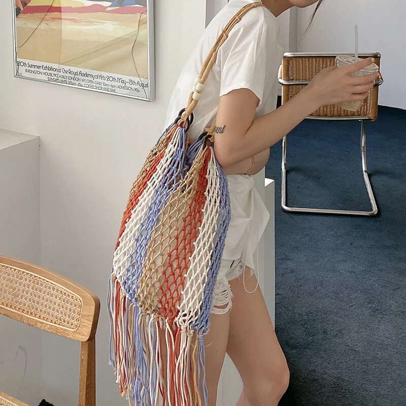 Rope Woven Handbags Knitting Tassel Tote Handmade Beach Bags For Women Round Handle Shopper Purses Female Hollow Clutch