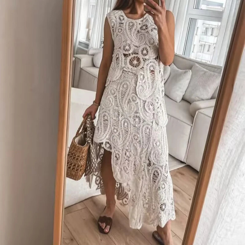 Womens O-neck sleeveless long sleeved beach set casual solid street summer set hollow knitted irregular 2-piece set 250401