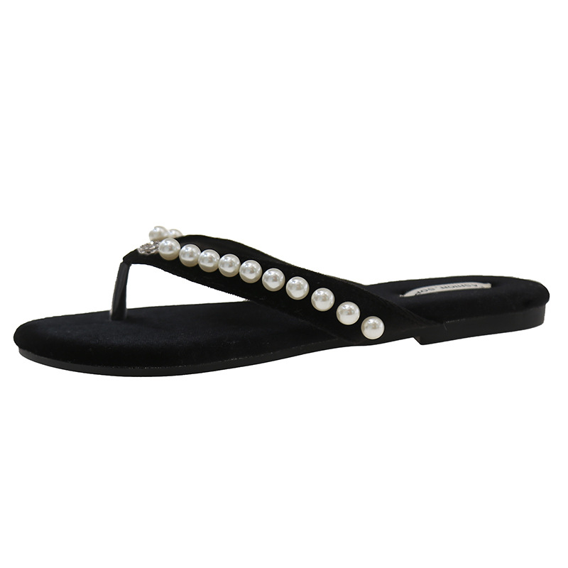 Ladies 2025 summer new leisure looking flat pearl flip-flops outdoor fashion everything sandals sandals on the beach sandals sandals