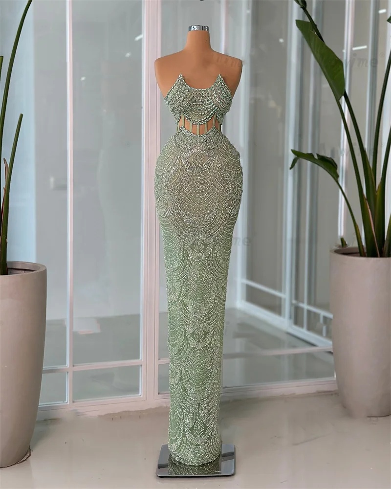Classic Evening Dresses Strapless Sleeveless Gown Crystal Sequins Beaded See Through Sweep Train Dress Party Customized Dress