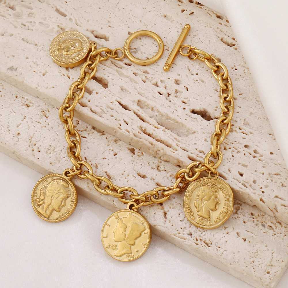 316L stainless steel carved queen coin pendant bracelet womens punk lock flower heart-shaped charm chain bracelet jewelry gift Y250408