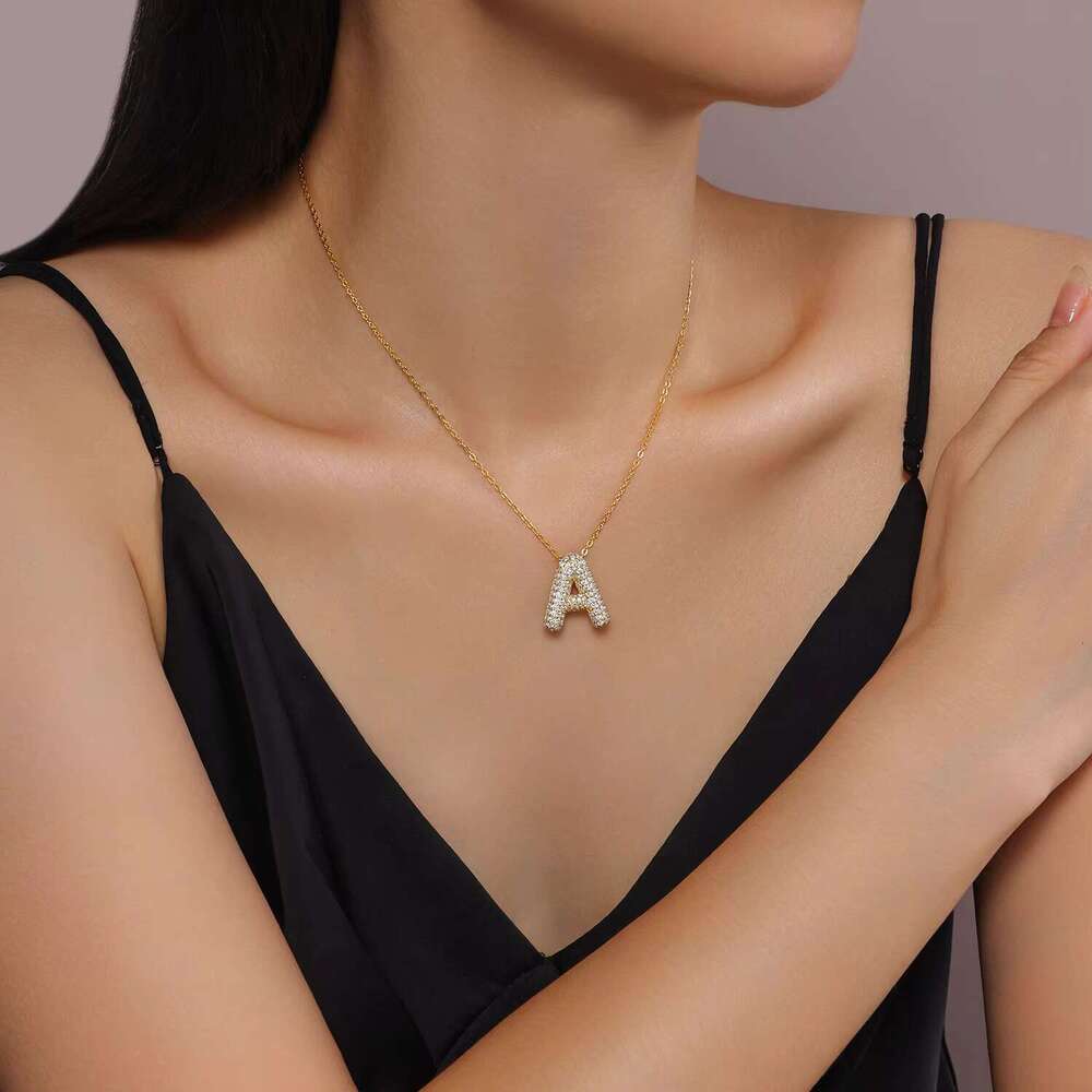 Silica pendant necklace, 26 letter gold-plated paving silica men's and women's jewelry