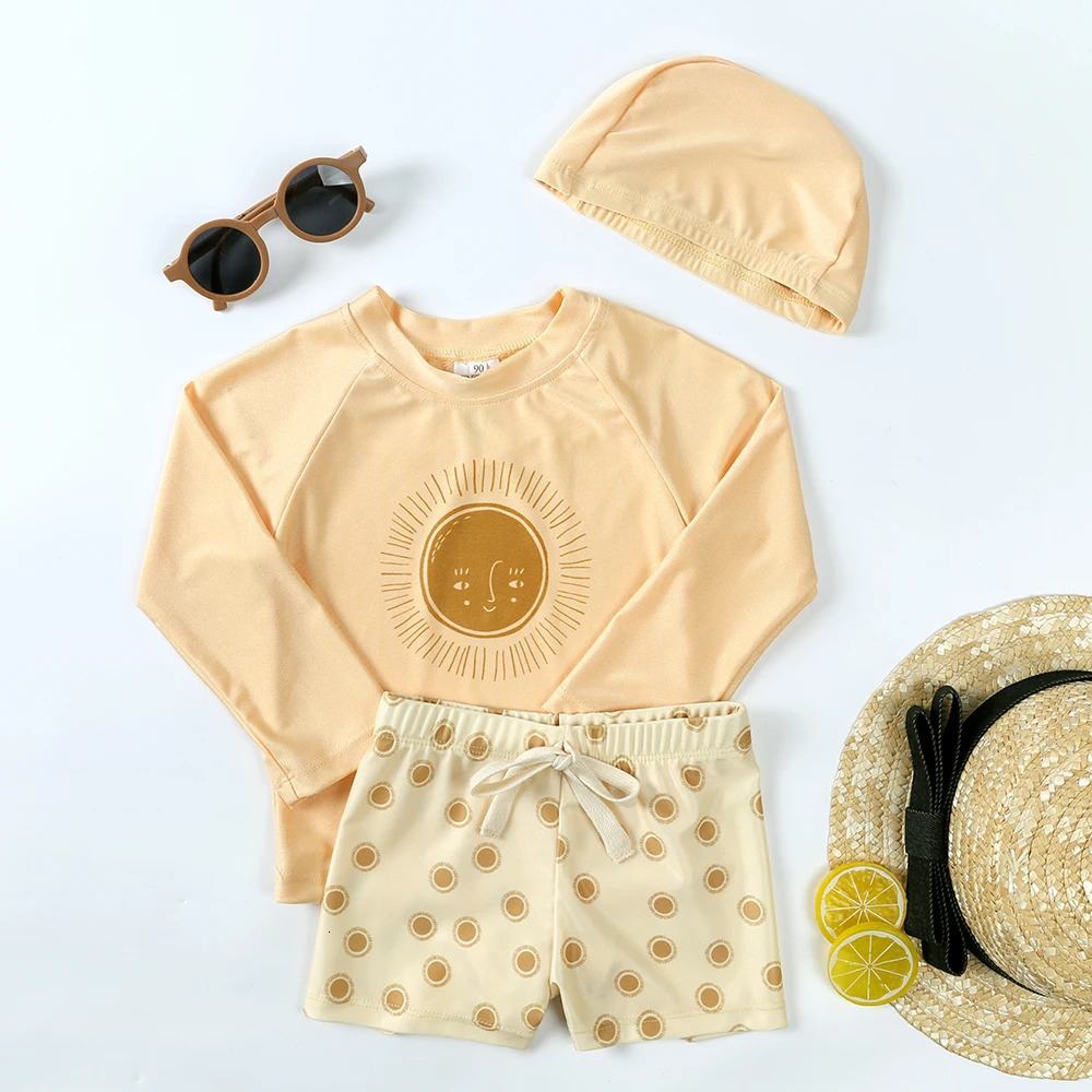 1-7T Summer Kids Boy Swimsuits Vacation Beach Pants Long sleeve Tops with Hat Toddler Sets Fashion Children Surfing Swim Suit 250407