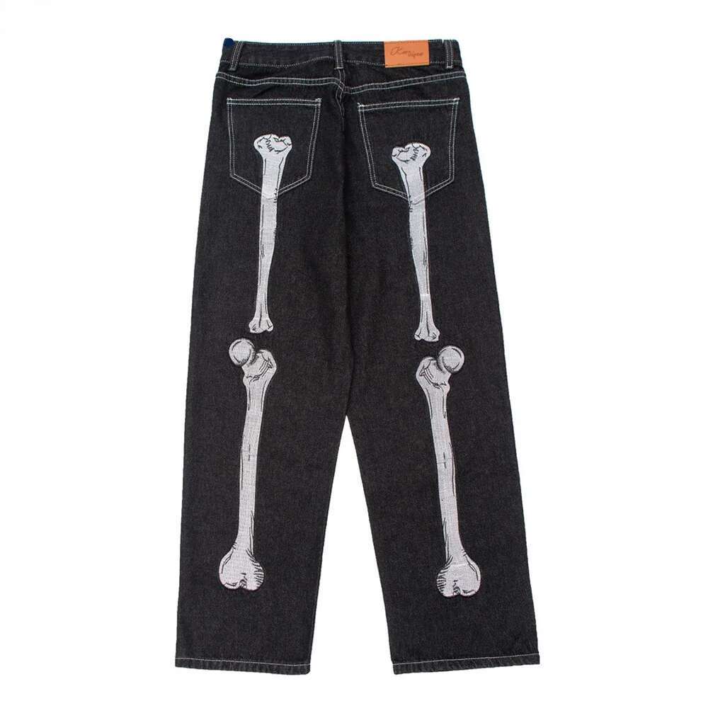 Skeleton Hand Embroidery Denim Mens High Street Wide Leg Pants Streetwear Loose Casual Trousers Jeans Men