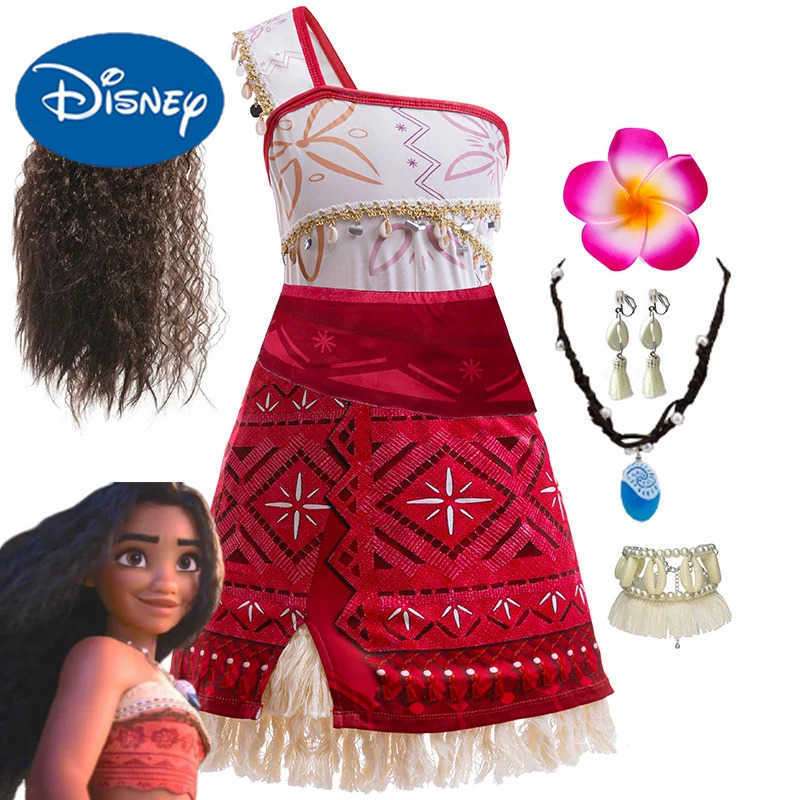 Disney Newest Movie Moana 2 Princess Dress Girls Cosplay Vaiana Costume Kids One-Shoulder Suspender Dress With Pig Chick Outfits X250408