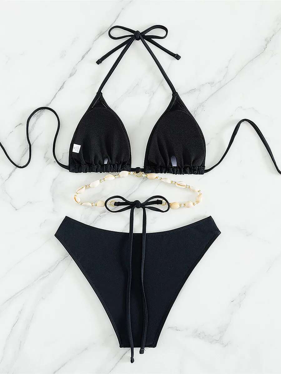 Dongdumaoyi Sexy High Waist Bikini Set Decorated With Seashell Swimsuit Women Black White Criss Cross Push Up Bathing Suit Swimwear