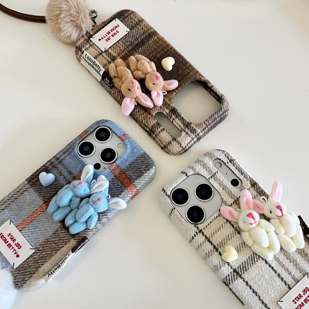 Velvet Plaid 3D Bear Phone Case Suitable for iPhone 17 Pro Max Plush Lanyard iPhone 16/15 Pro 14