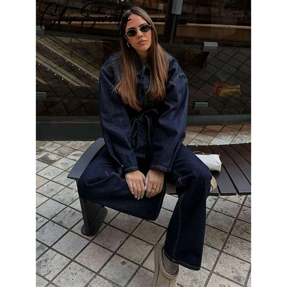 Vintage Belt Denim Jacket Pants Set Women Lapel Single Breasted Jackets High Waist Straight Pant 2025 Spring Lady New Outfit