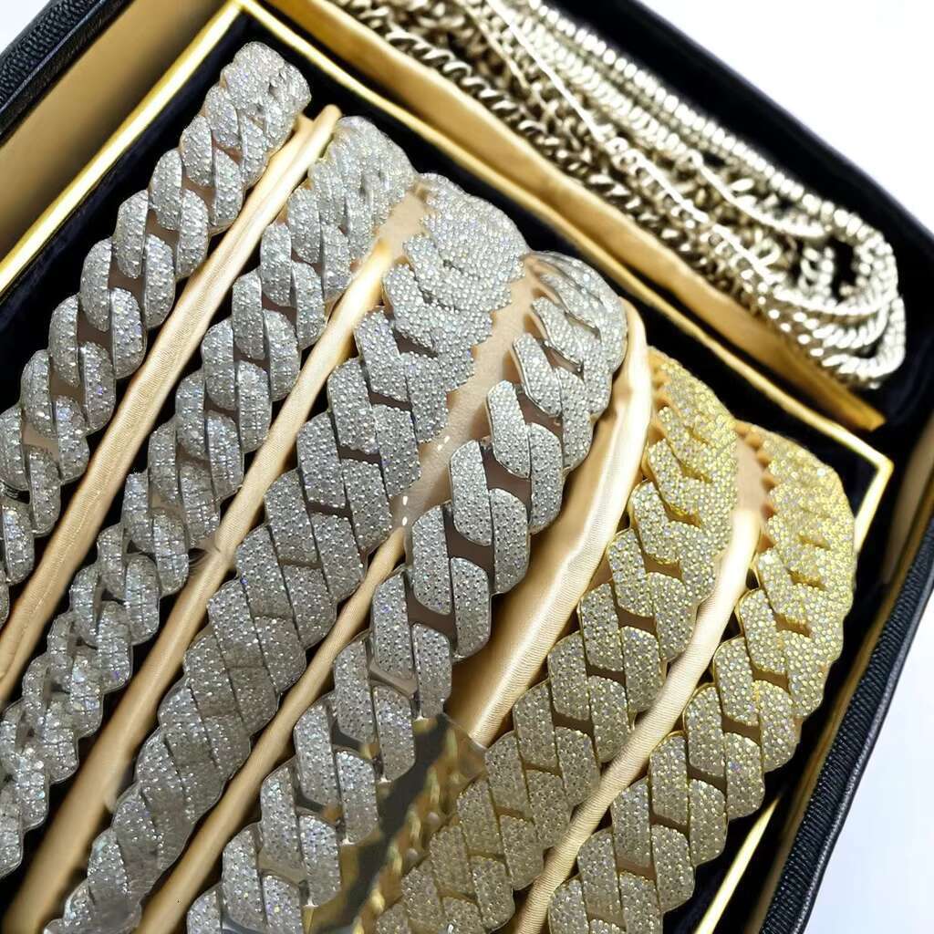 Customized 10/12/14/18/20mm Width 925 Silver Moissanite Diamond Cuban Link Chain Fashion Bracelet Necklace