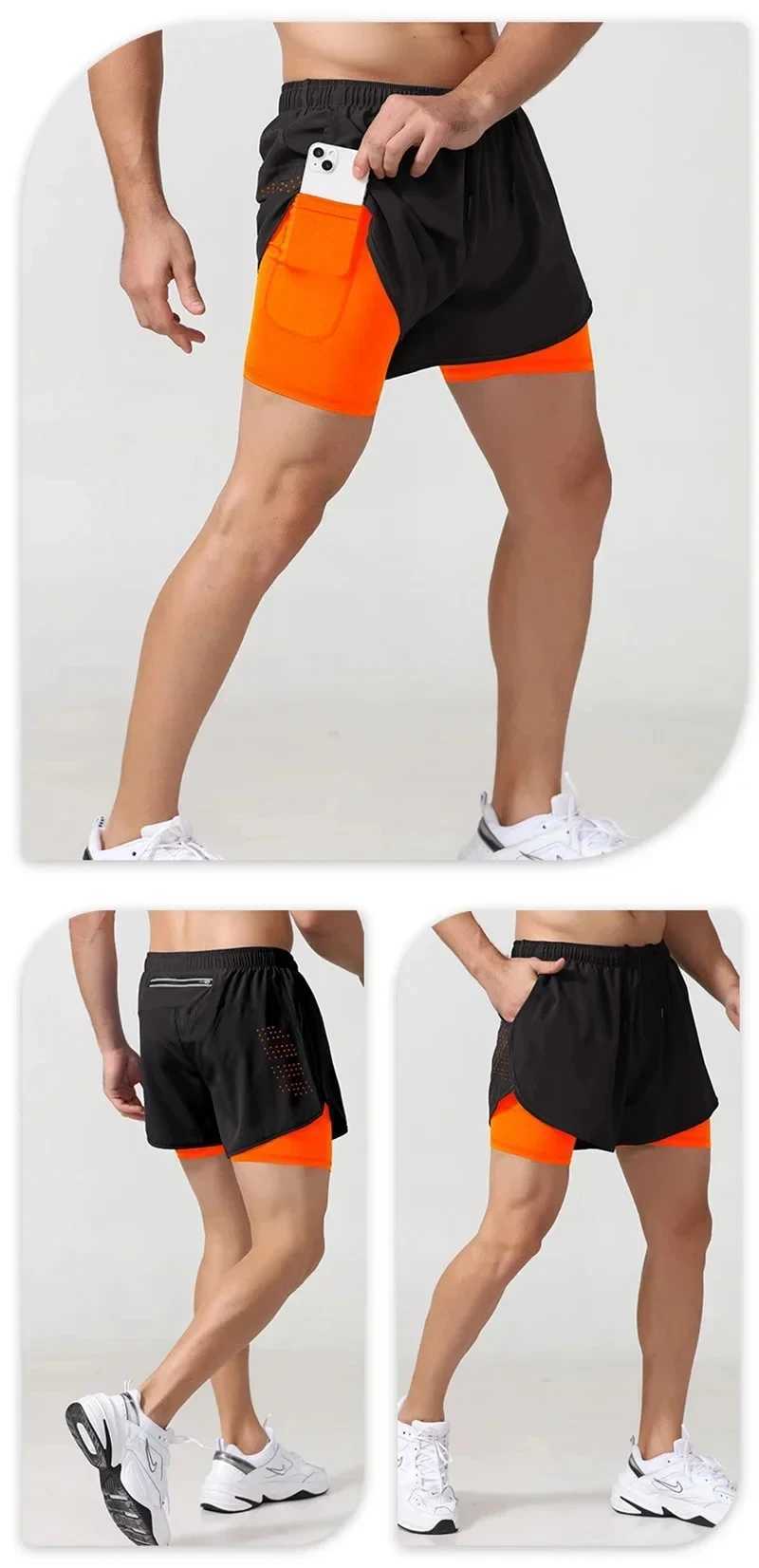 Mens fitness built-in pocket sports shorts summer 2-in-1 quick drying gym beach shorts running double-layer outdoor sports pantsXJ250407