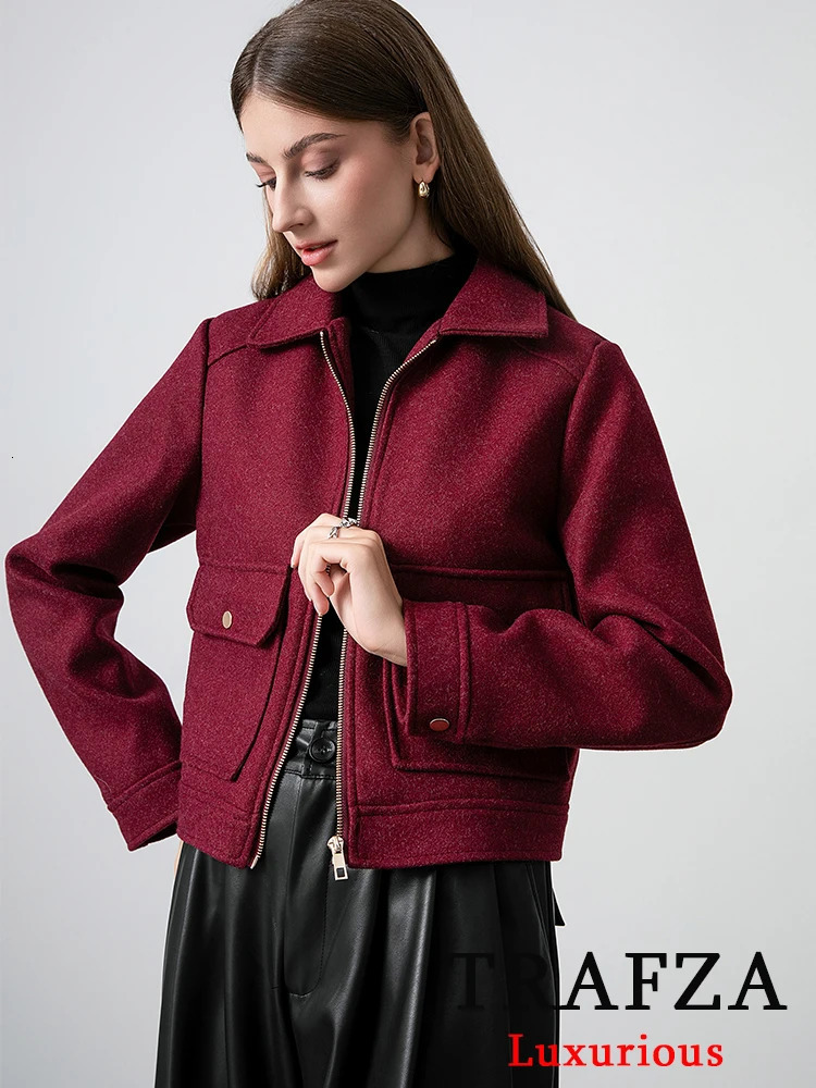 TRAFZA Red Bordeaux Loose Jakcets Womens Zipper Pocket Short Coat Fashion Spring Elegant Bomer Jacket 250407