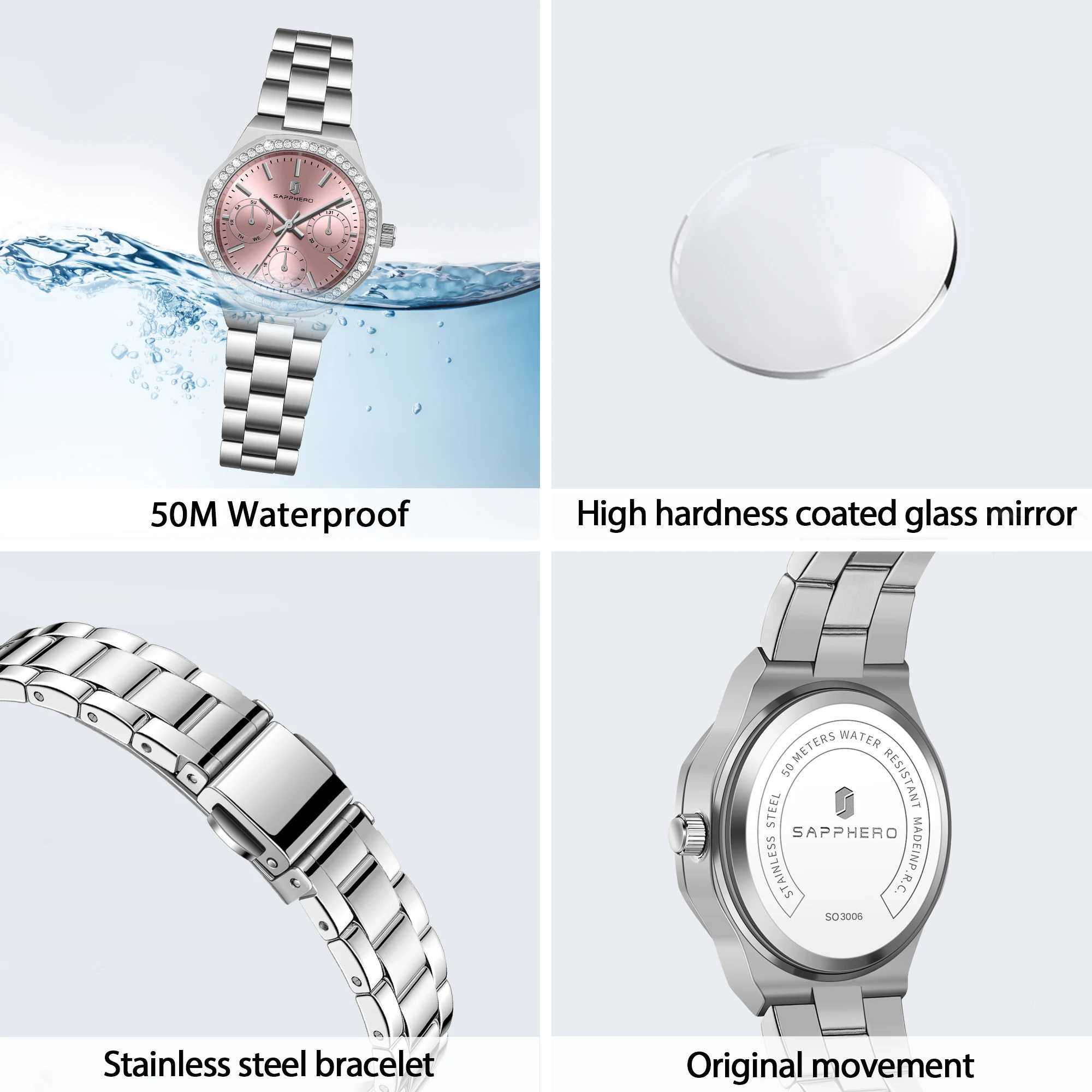 SAPPHERO Luxury Womens Watch 5ATM Waterproof Japanese Movement Stainless Steel Strap Pink Dial Elegant Womens WatchT250408