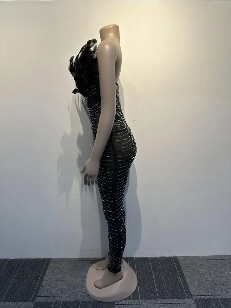 Feather V-Neck Strapless Jumpsuit Women Sexy Dias Mesh See Through Bodycon One Piece Rompers Midnight Clubwear