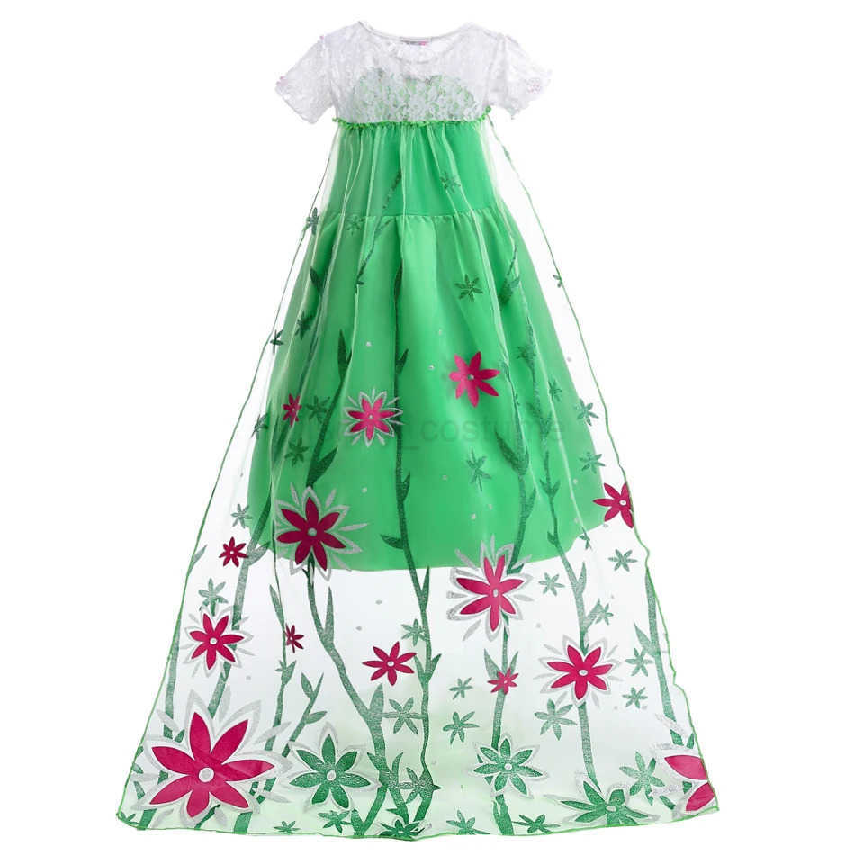 Disney Hot Elsa Green Birthday Surprise Party Green Dress for Girls Summer Children Long Cloak Lace Ball Dress X250408