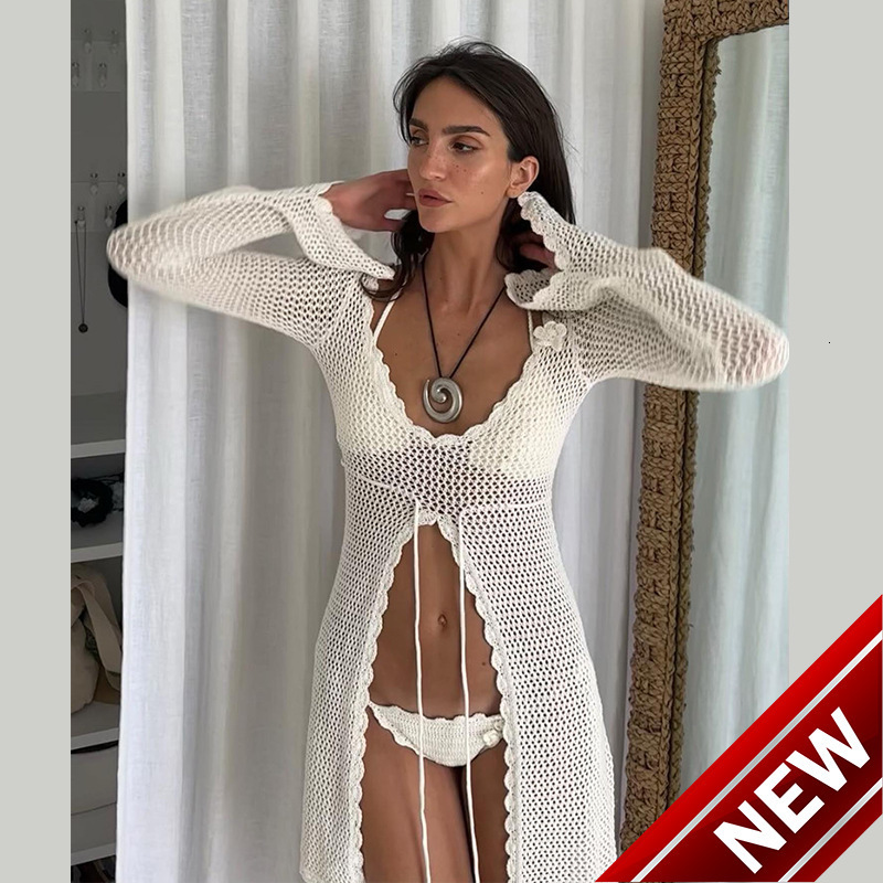 2025 Summer New Beach Skirt Womens Solid Color Sexy Knitted Hollow out Bikini Swimsuit Womens Dress