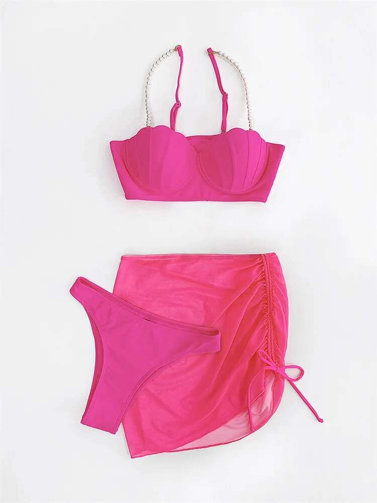 Dongdumaoyi Pearls Straps Shell Underwire Bikini Set Women Hot Pink Push Up Pleate Skirt Pcs Swimsuit Bathing Suit High Waist Swimwear