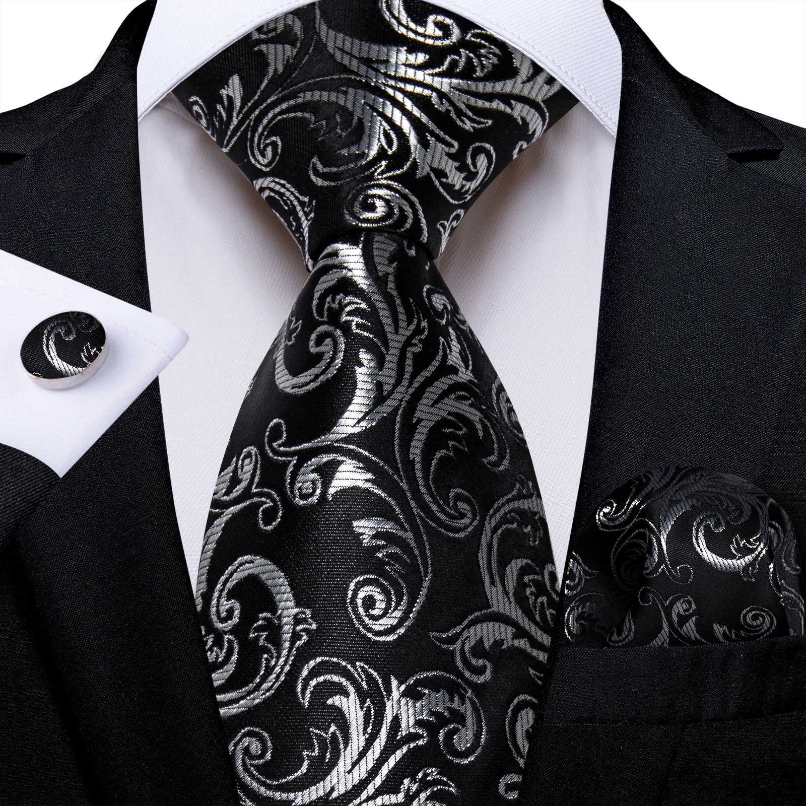 Mens Black Ties Handkerchief Cufflinks Business Formal Floral Striped Solid 8cm Necktie Gift for Husband Wedding Accessories X250407