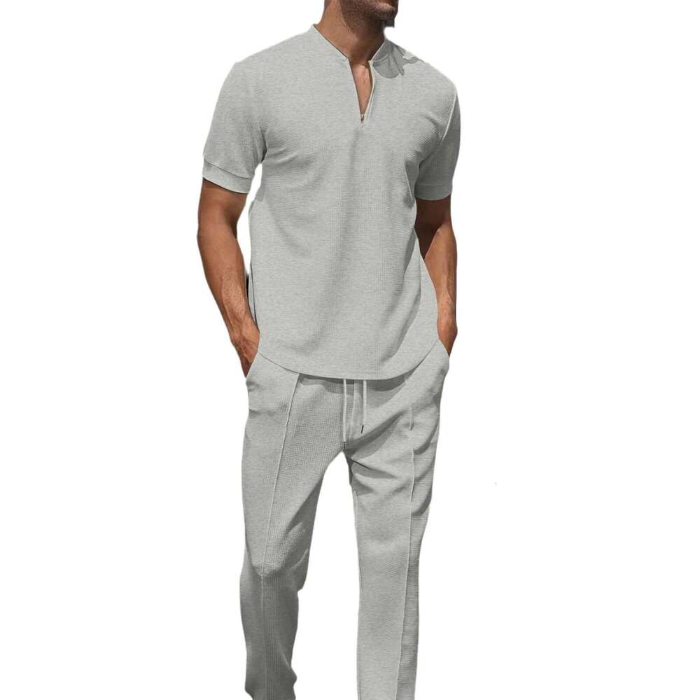 Summer Youth Waffle Collar Solid Color Zipper Short Sleeve Pants Set 2025 New Casual Fashion Trendy Clothing