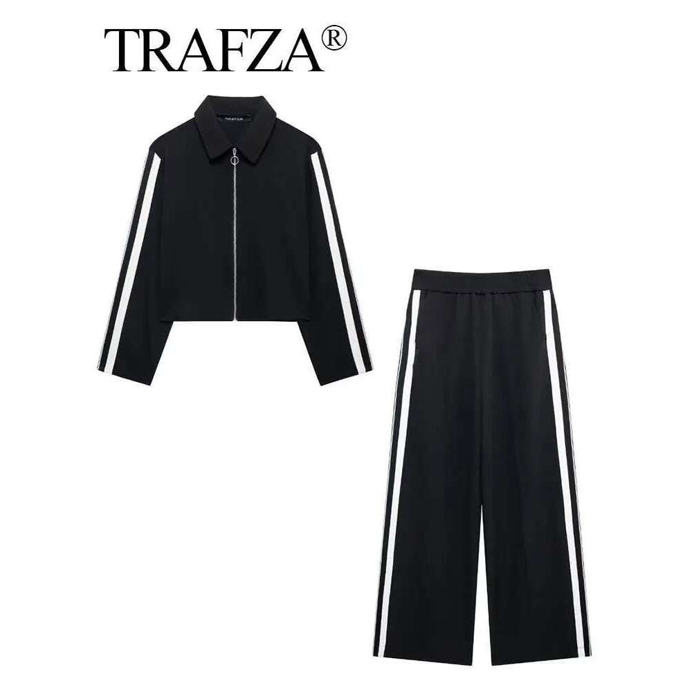 TRAFZA 2024 New Women Casual Trousers Suits Sports Short Jacket + Female Vinatge Black White Patchwork Baggy Pants Street