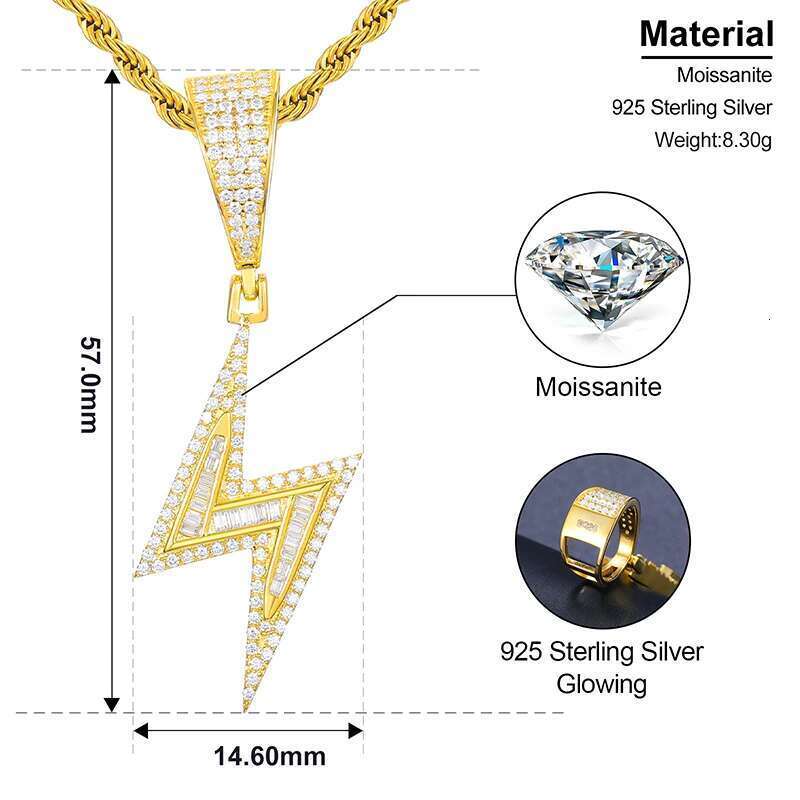 D Color Moissanite Lighing Pendant Necklace Sterg Sier Baguette Stone Men Bg Hip Hop Jewelry Gifts