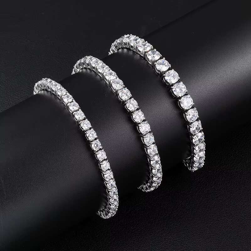 Fine Jewelry Silver 18k White Gold Plated 4mm Round Lab-Grown Diamond Tennis Bracelet Hip Hop Fashion Style