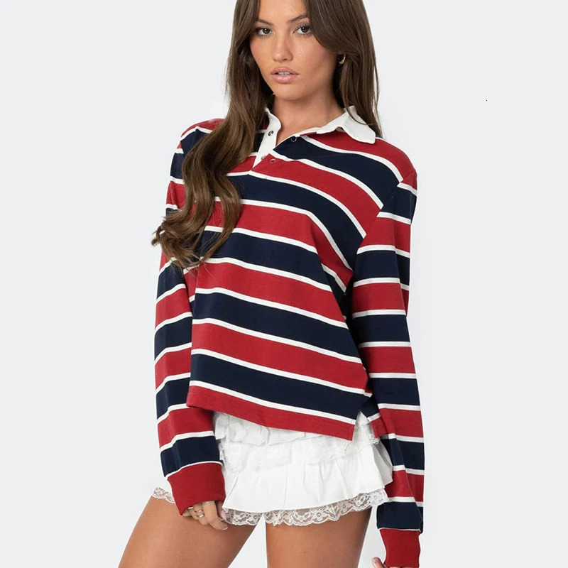 CUTENOVA Autumn Striped Polo Shirt Womens Fashionable Long Sleeve Sportwear Harajuku Pullover Casual Wear Base Shirt 250408