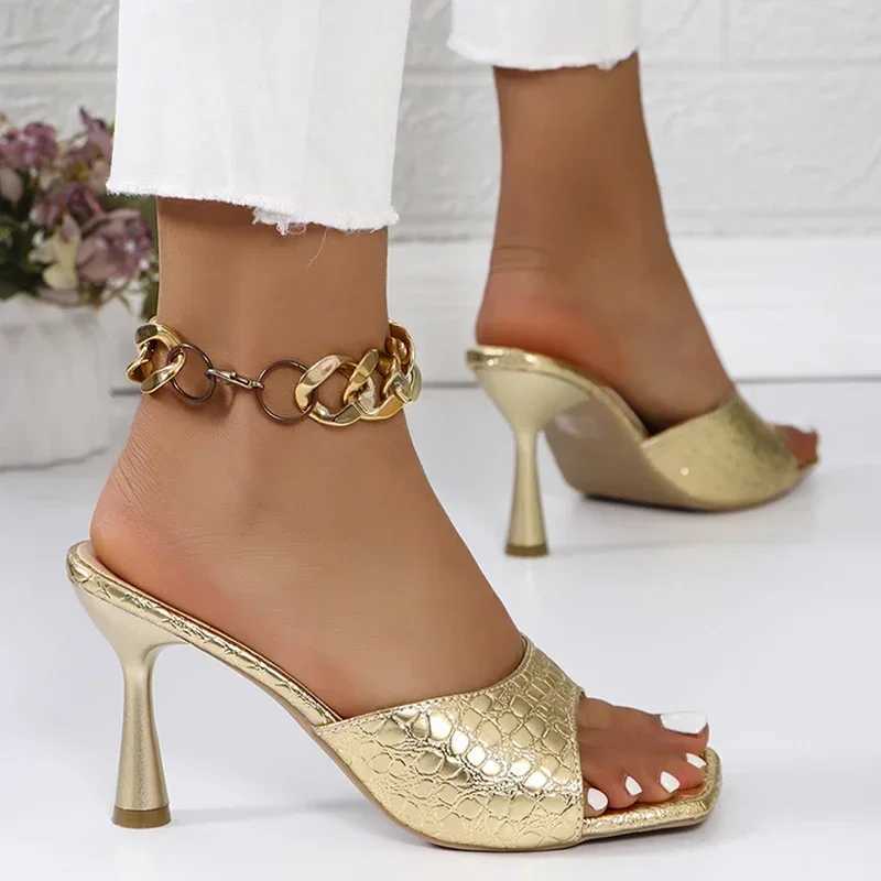 Luxury Gold Sier High Heels Sandals Womens 2025 Slip Square Toe Summer Slippers Womens Large 43 Thin High Heels Party ShoesXJ250407