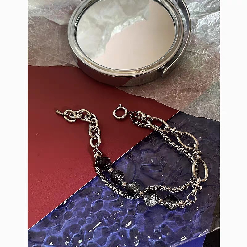 New personalized double-layer chain ice cracked bead stainless steel splicing bracelet for both men and women, niche first accessory