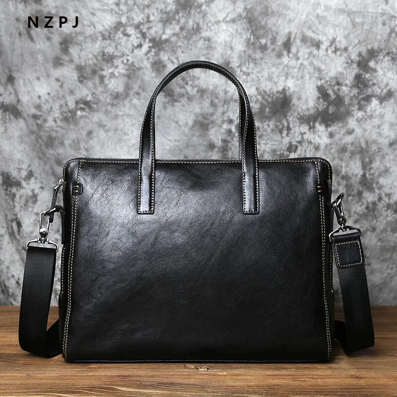 NZPJ Men Leather Handbag First Layer Cowhide Business Computer Large-Capacity One-Shoulder Messenger Bag For 14 Inch Laptop