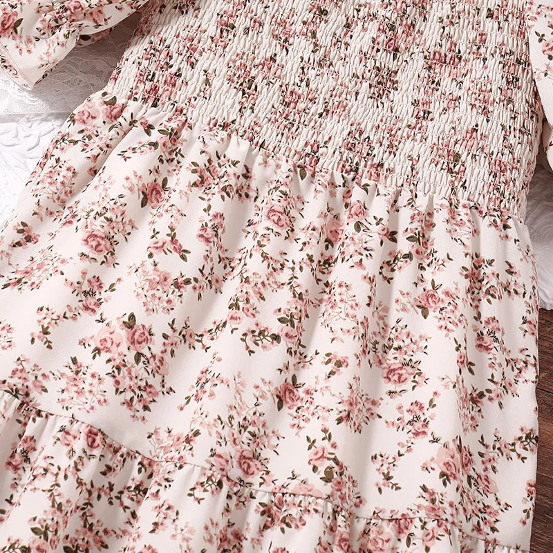 Children Summer Girls 8-12 Years Old Black Short Sleeve Puffed Sleeve Print Long Skirt Holiday Loose Comfortable Pastoral Dress 250408