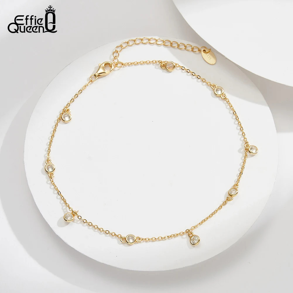 Effie Queen 925 Sterling Silver Row Cubic Zirconia Beaded Ball Chain Anklet for Women Fashion Foot Ankle Straps Jewelry SA70 250403