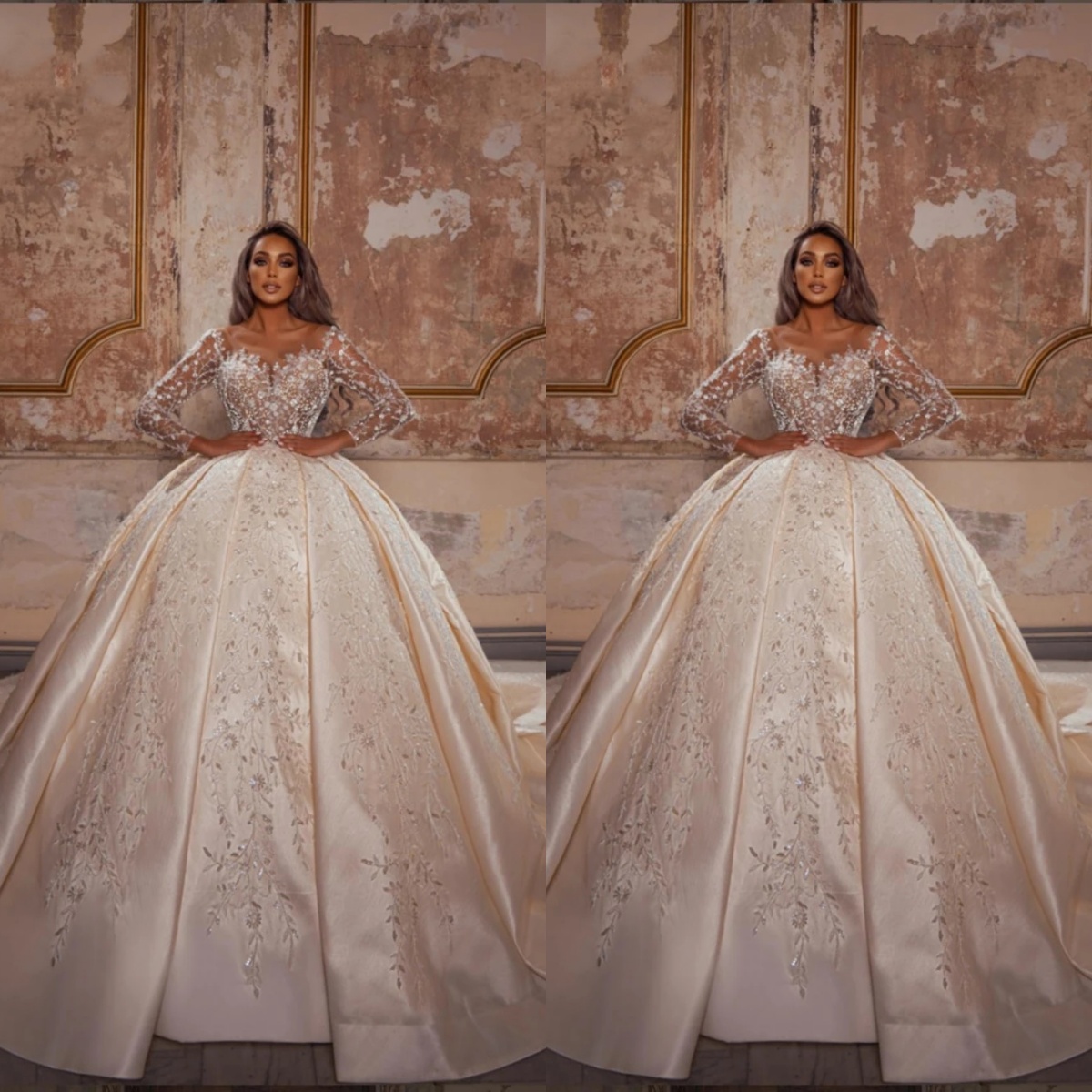 Exquisite Appliques Ball Gown Wedding Dress Glitter O Neck Women Party Wear Lace Charming Customized Illusion Sleeve Bridal Dress