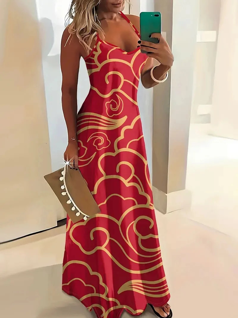 Summer loose womens colorful plant flower print V-neck print casual long skirt Bohemian beach dress 250401