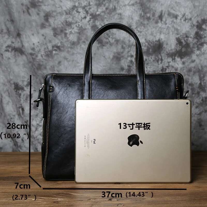 NZPJ Men Leather Handbag First Layer Cowhide Business Computer Large-Capacity One-Shoulder Messenger Bag For 14 Inch Laptop