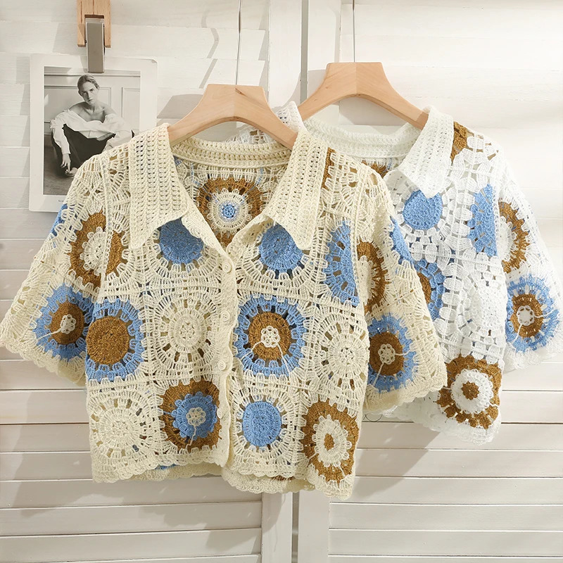 OUMEA Women Knitted Patchwork Crochet Polo Shirts Summer Vintage Buttons Front Knitted Crop Tops Bohemian Style Retro Tops 250408