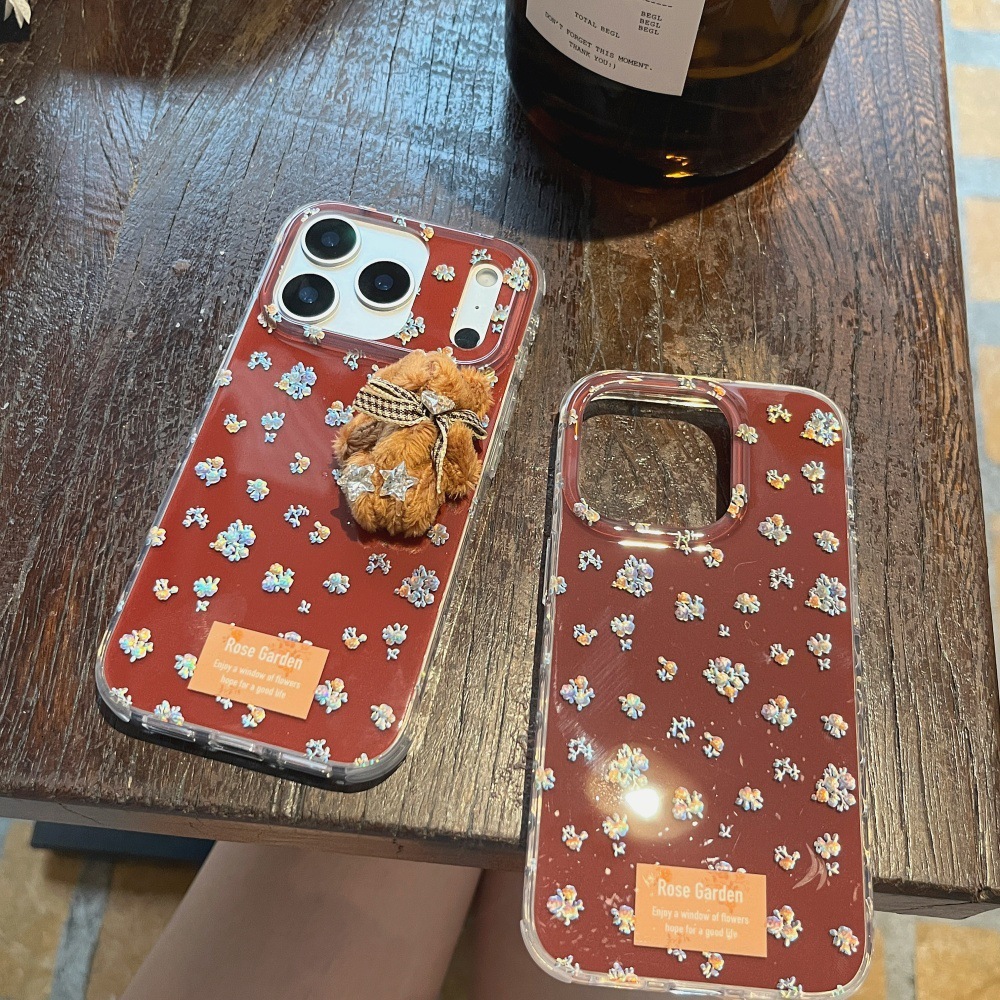 Floral Bear Phone Case Compatible with iPhone 17/16 Pro Max Cartoon Pendant Case 15/14 Pro