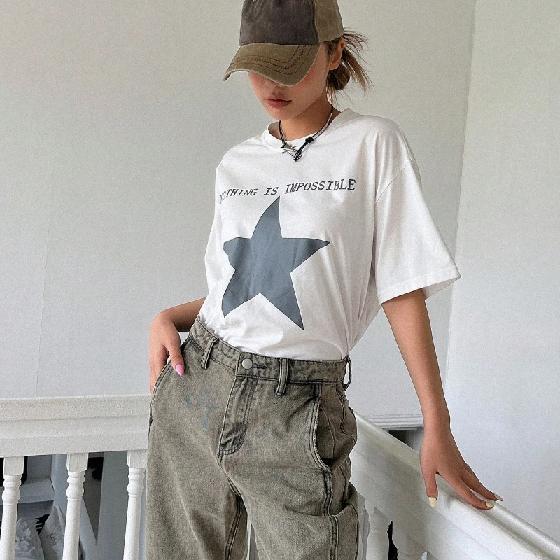 Star Letter graphic pattern printing series round neck loose short sleeved Tshirt summer casual fashion travel for girls 250407