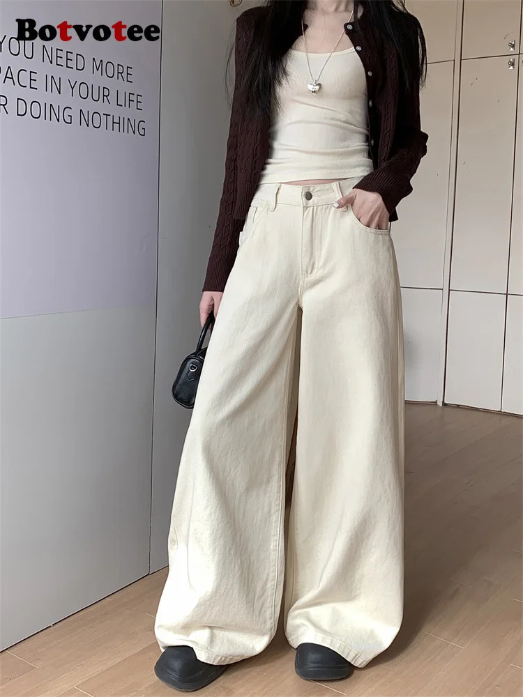Botvotee Brown Pocket Jeans Womens High Waist Wide Leg Street Clothing Y2k Fashion Black Denim Pants Beige Slow 250407