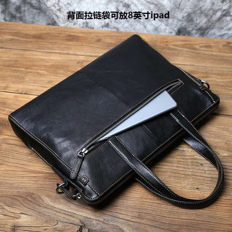 NZPJ Men Leather Handbag First Layer Cowhide Business Computer Large-Capacity One-Shoulder Messenger Bag For 14 Inch Laptop